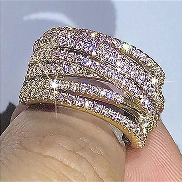 💛18k Gold Wide Band Micro Pave Cz Diamond Crisscross stacked Diamond Ring - Picture 11 of 16